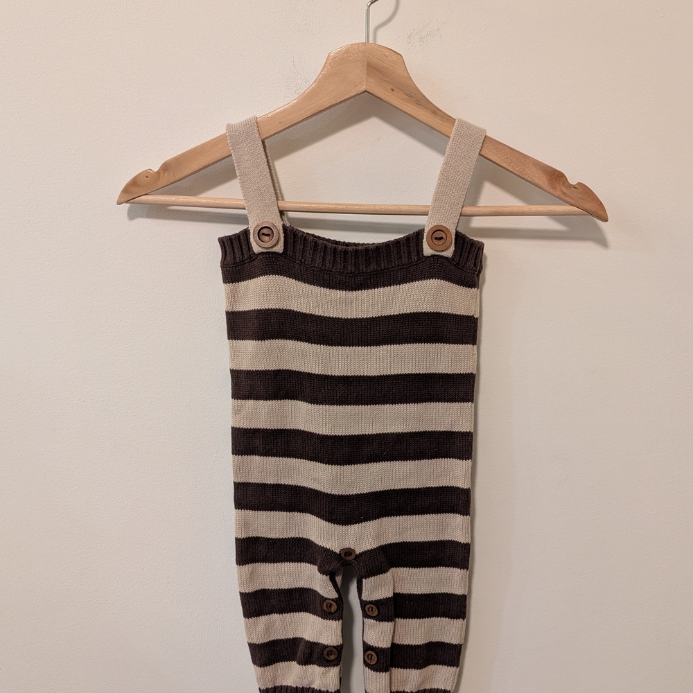 Cute Ture Neutral Brown Striped Sweater Knit Overalls Size 18 Months